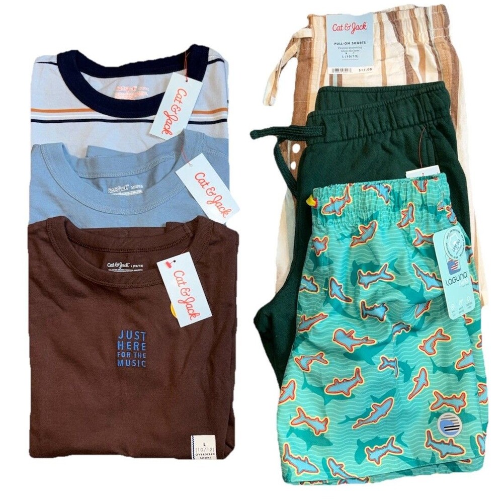 Cat & Jack + Laguna Boys 6pc Lot L (10/12) Shirts, Shorts & Swim Trunks NWT